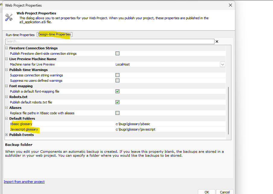 Setting the folder where the Xbasic and Javascript
glossaries should be stored.